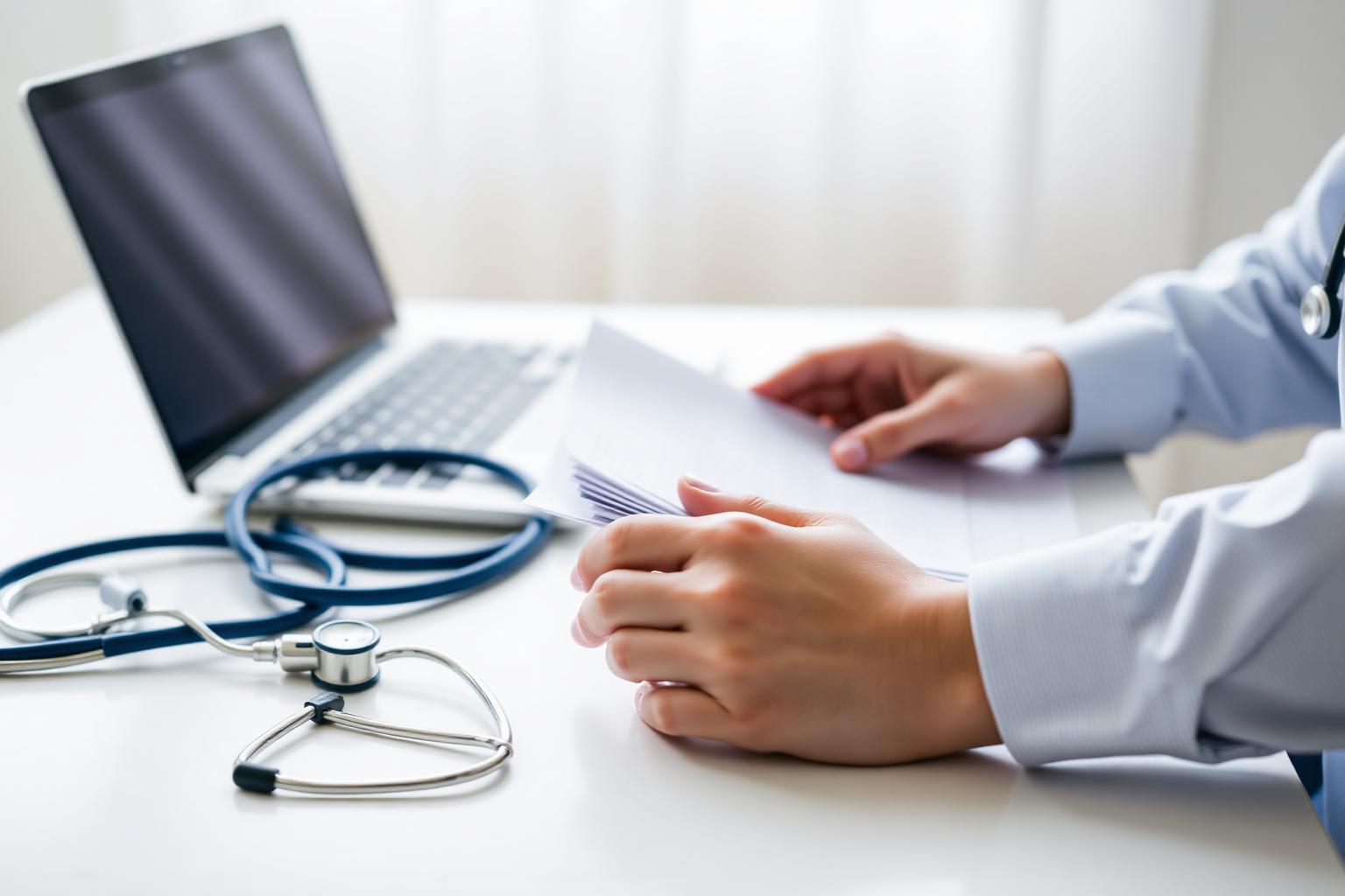 Profissional analisando guias de faturamento médico